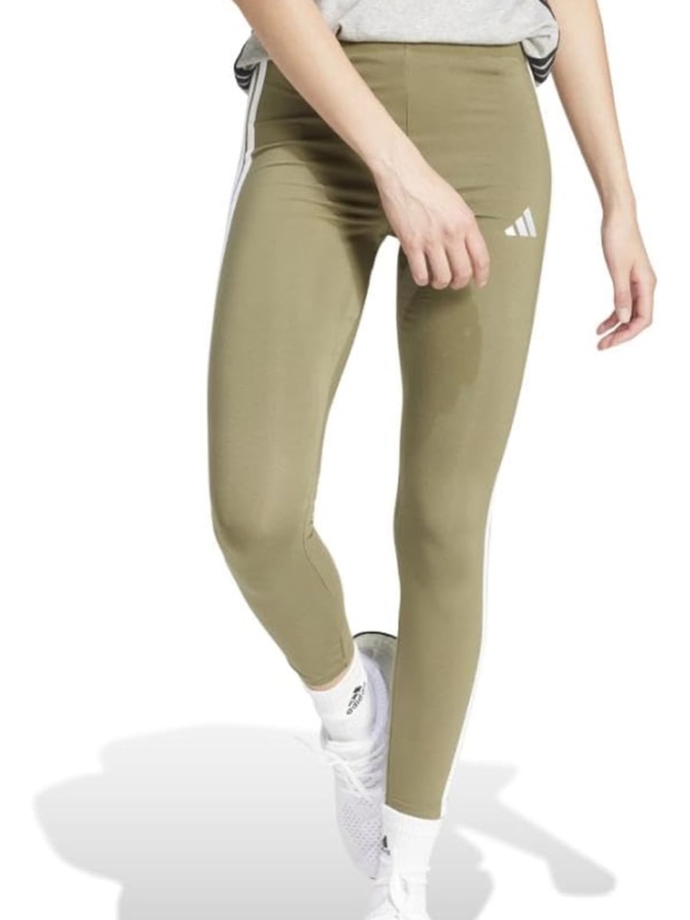 adidas Women's Olive Green High-Waist Leggings with White Side Stripes